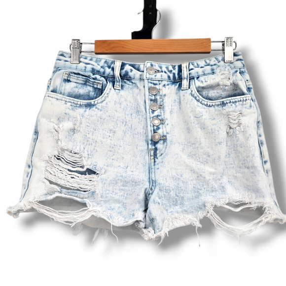 Vervet Women's Acid Wash‎ Distress Cut Off Button Fly Hi Rise Denim Jean Shorts - Picture 1 of 10